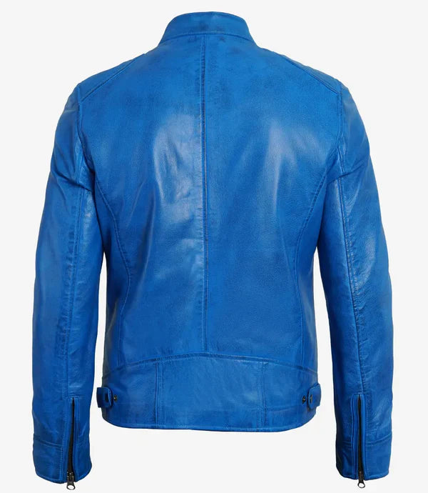 Dodge Men's Cafe Racer Blue Leather Jacket