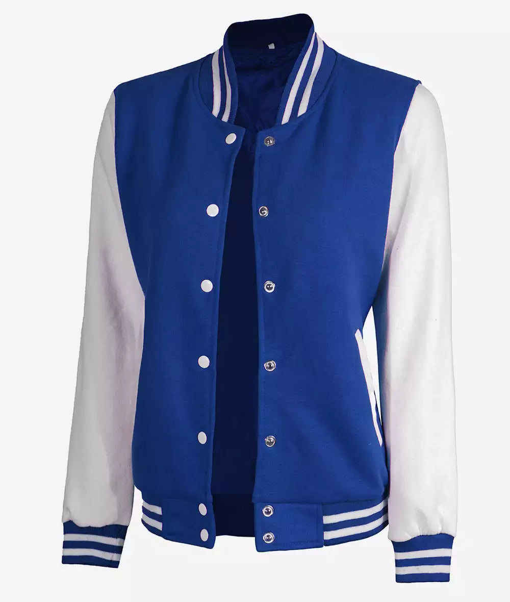Women’s White and Royal Blue Varsity Jacket – Bomber