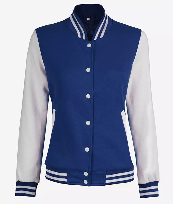 Women’s White and Royal Blue Varsity Jacket – Bomber