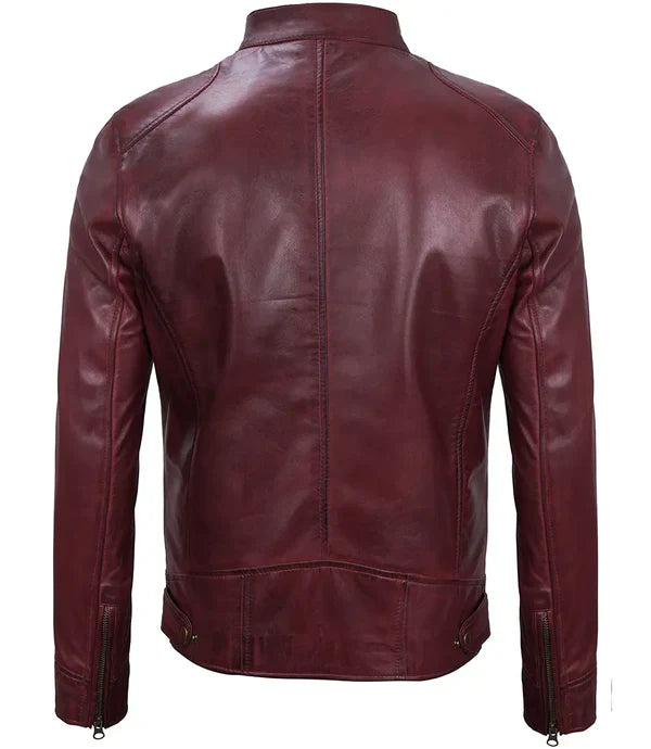 Dodge Men's Burgundy Cafe Racer Leather Jacket