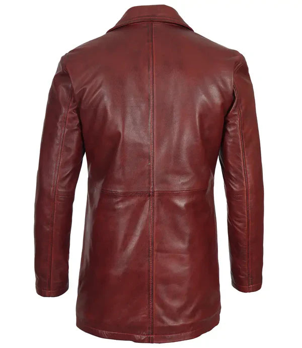 Mens Burgundy Real Lambskin Leather Car Coat
