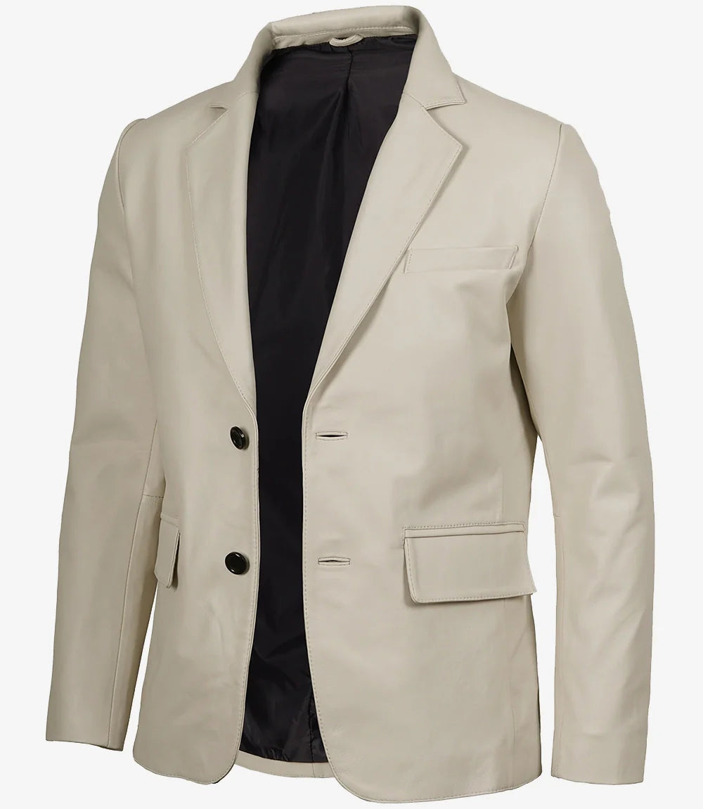 Men's Two Button Notch Lapel Off White Leather Blazer
