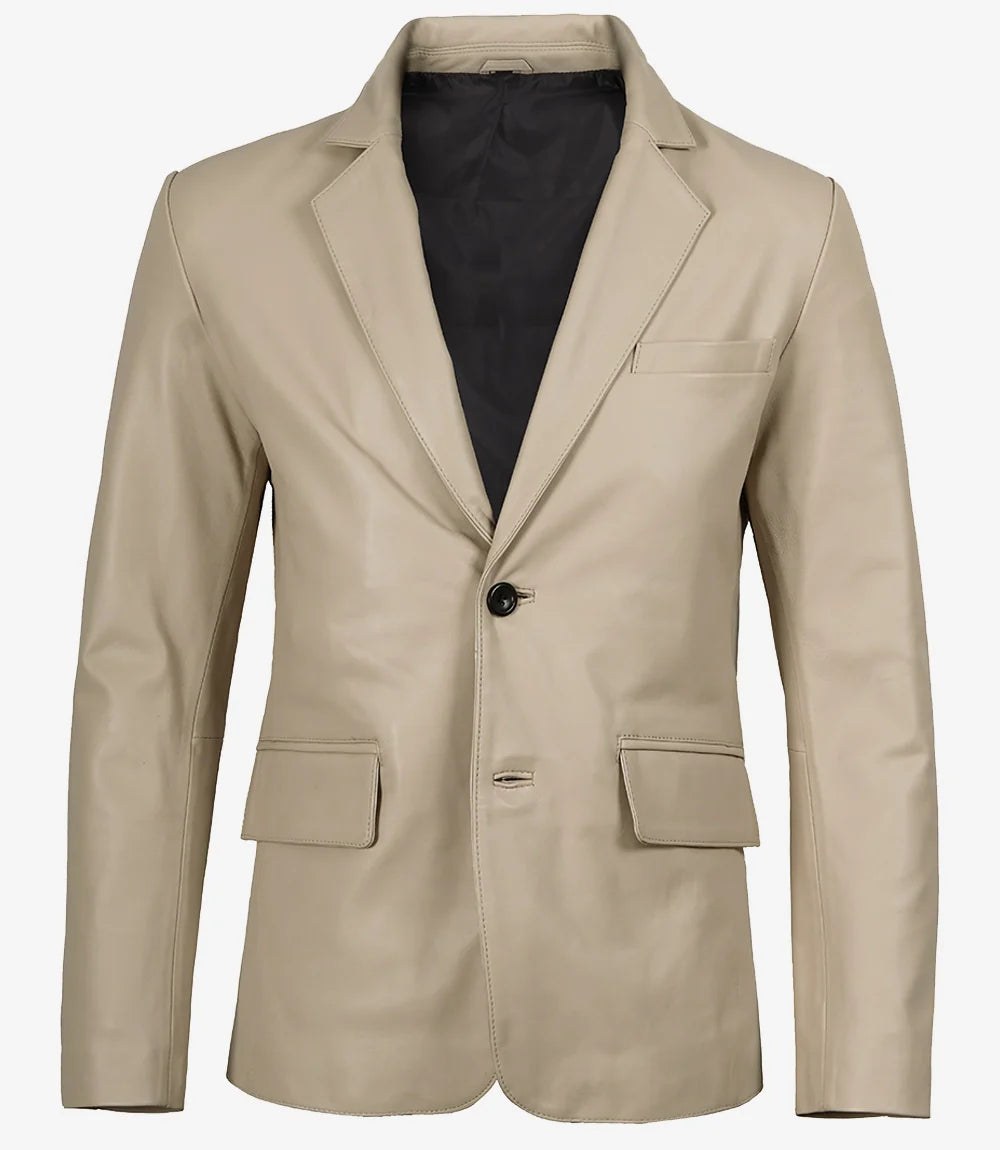 Mens Two Button Beige Leather Blazer - Notch Lapel