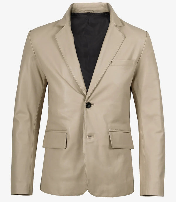 Mens Two Button Beige Leather Blazer - Notch Lapel
