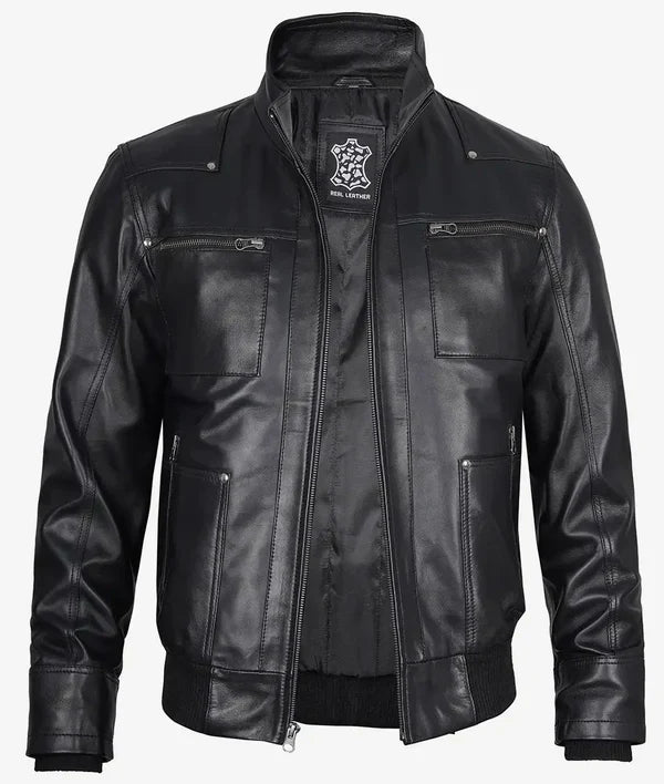 Mens Black Bomber Leather Jacket with Removable Hood