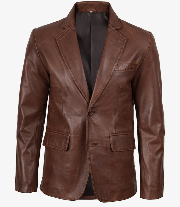 Mens Two Button Cognac Waxed Leather Blazer - Notch Lapel