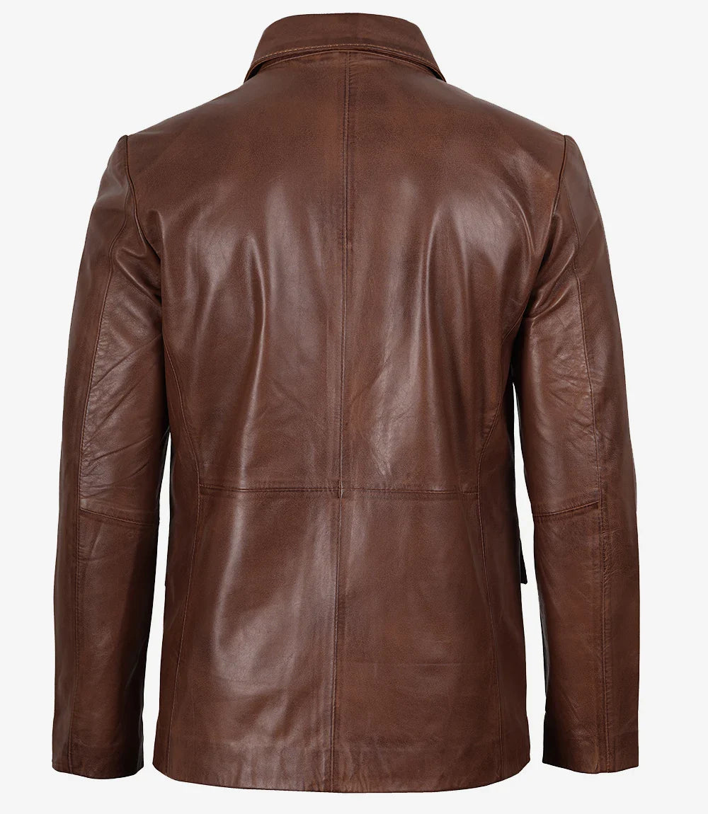 Mens Two Button Cognac Waxed Leather Blazer - Notch Lapel