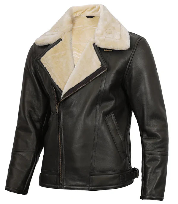 Mens Dark Brown Asymmetrical Leather Shearling Jacket
