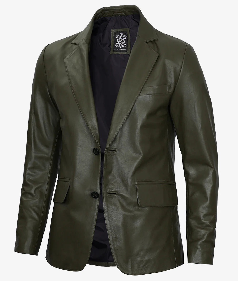 Mens Two Button Olive Green Leather Blazer Two-Button