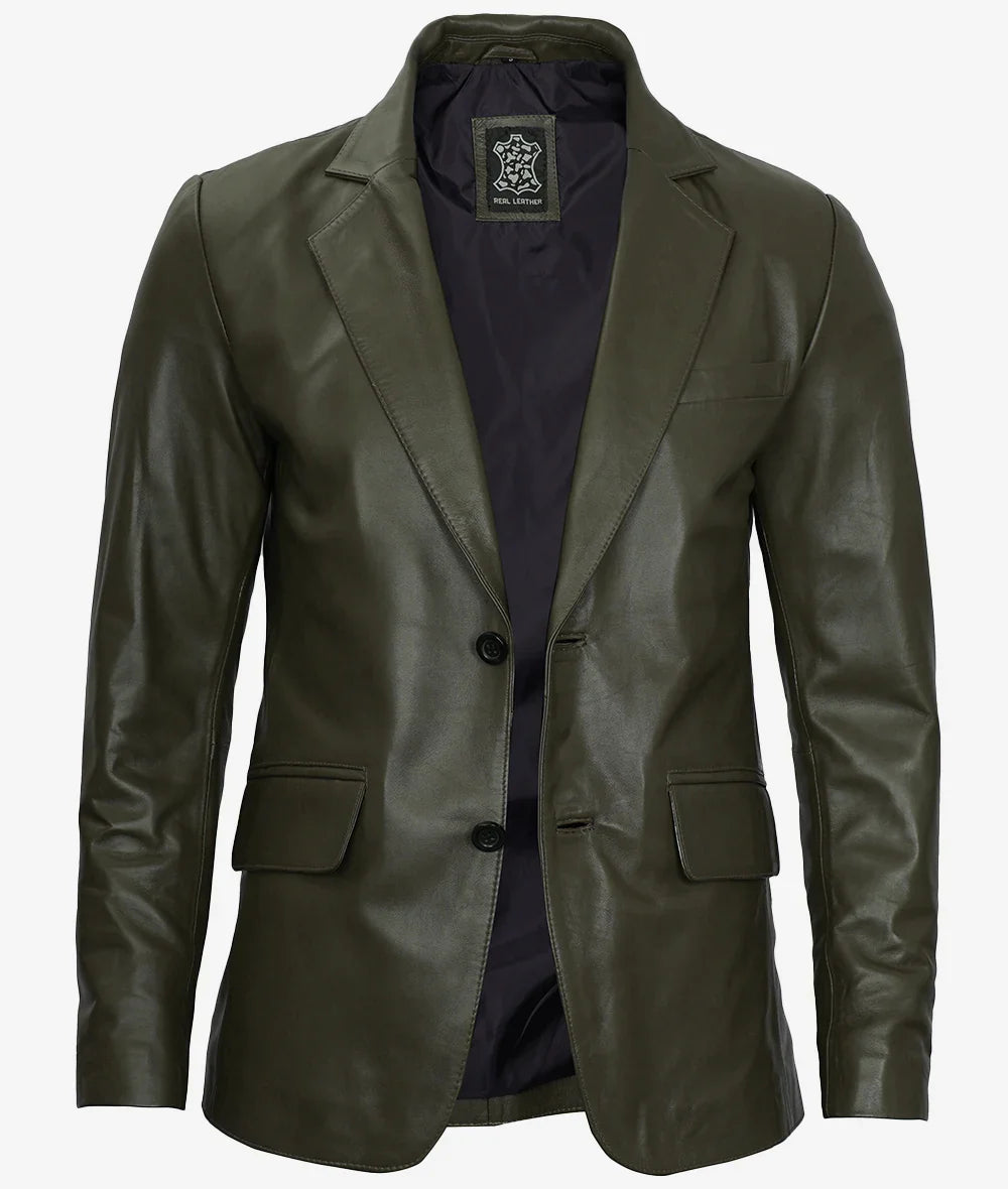 Mens Two Button Olive Green Leather Blazer Two-Button