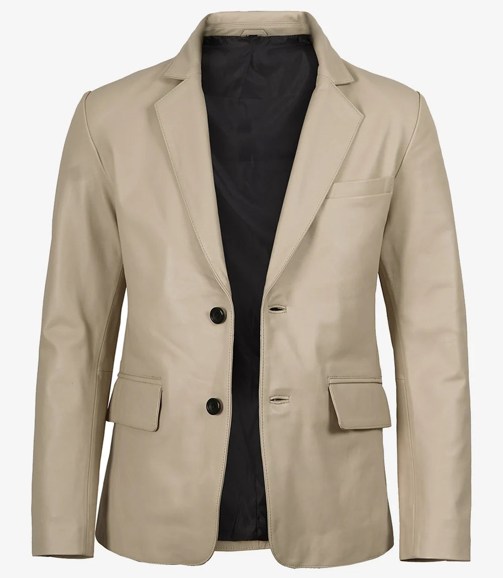Mens Two Button Beige Leather Blazer - Notch Lapel