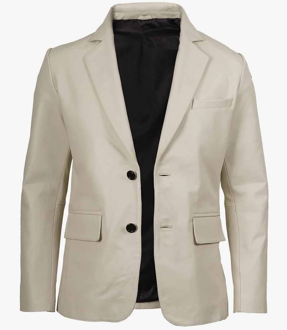 Men's Two Button Notch Lapel Off White Leather Blazer