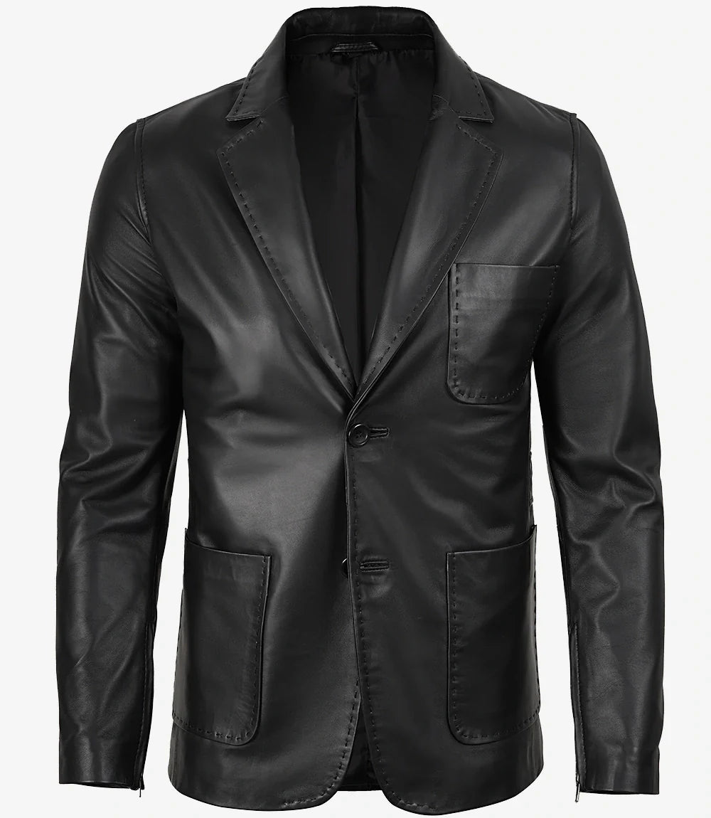 Mens Two Button Black Leather Blazer - Notch Lapel