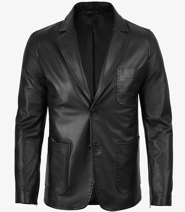 Mens Two Button Black Leather Blazer - Notch Lapel