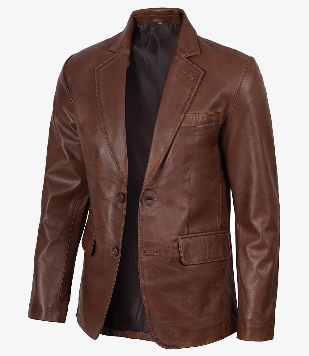 Mens Two Button Cognac Waxed Leather Blazer - Notch Lapel