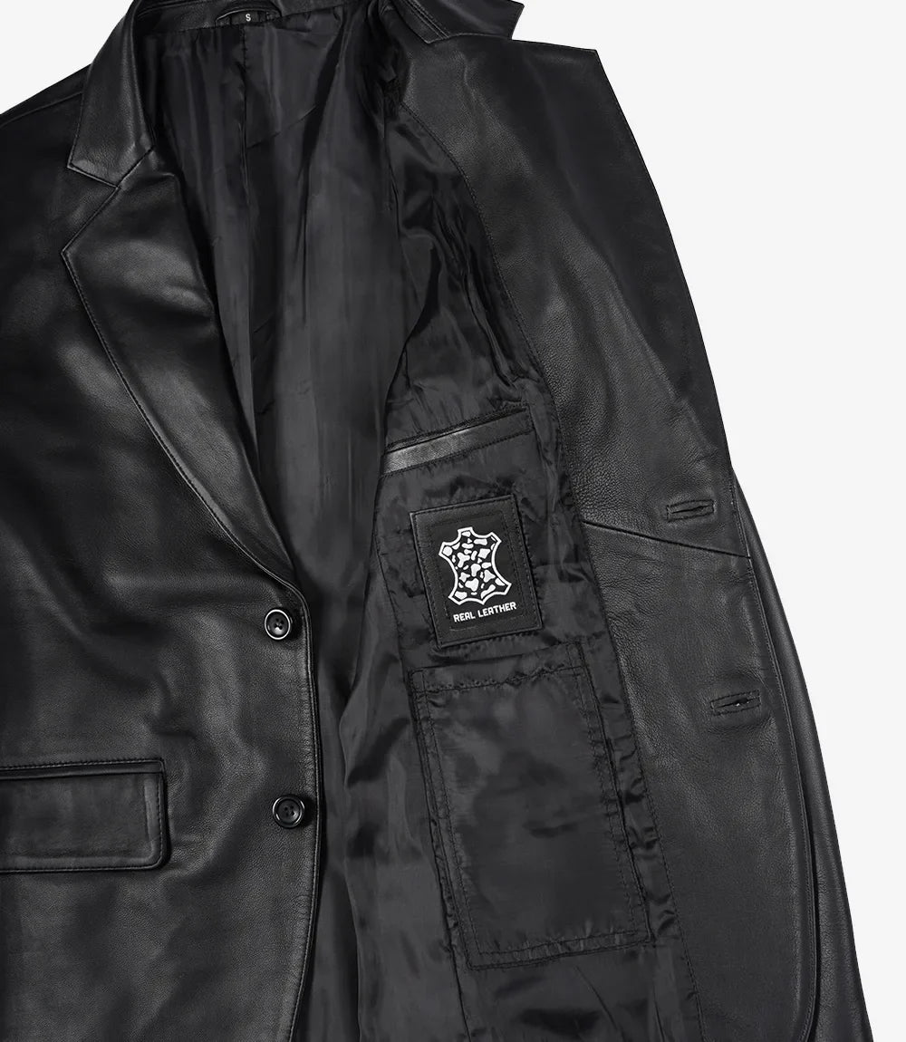 Mens Two Button Black Leather Blazer - Notch Lapel