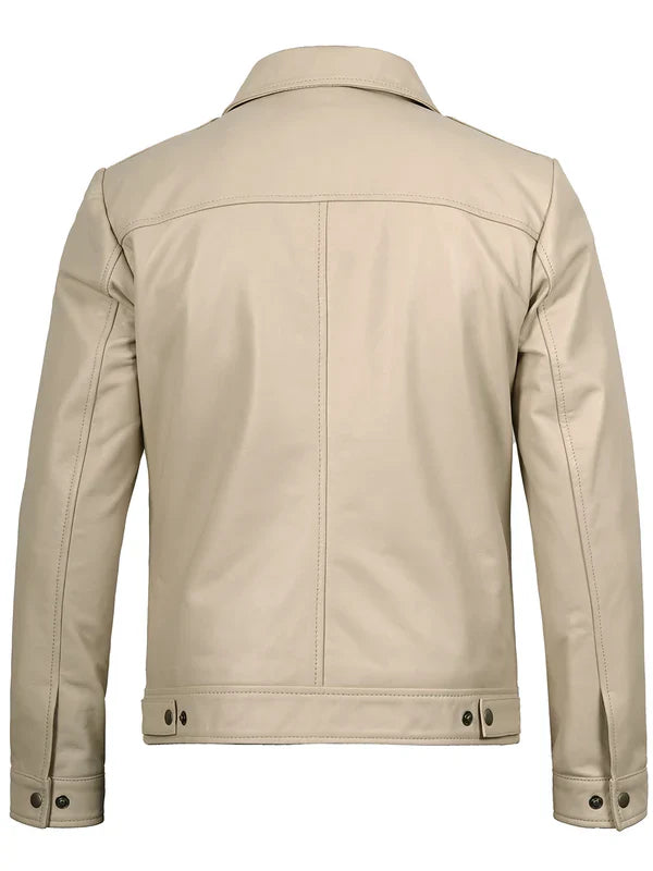Men's Beige Real Leather Harrington Jacket