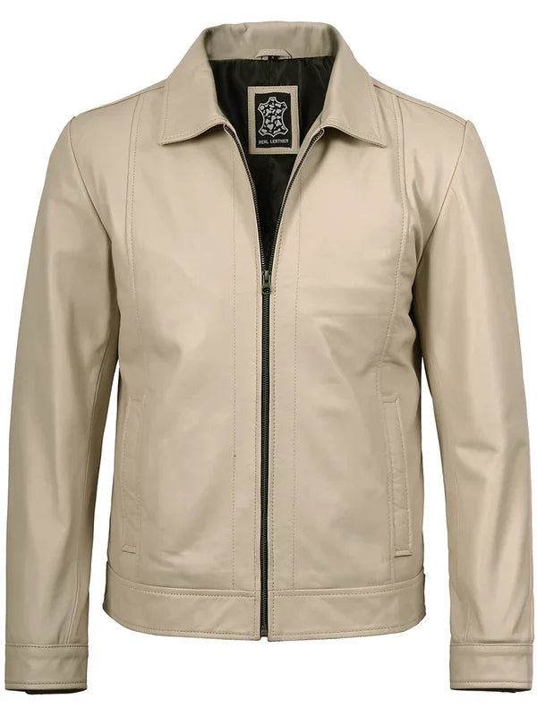 Men's Beige Real Leather Harrington Jacket