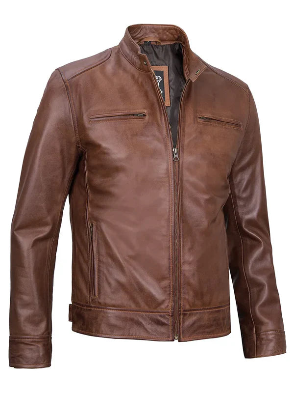 Dodge Men's Cognac Cafe Racer Leather Jacket