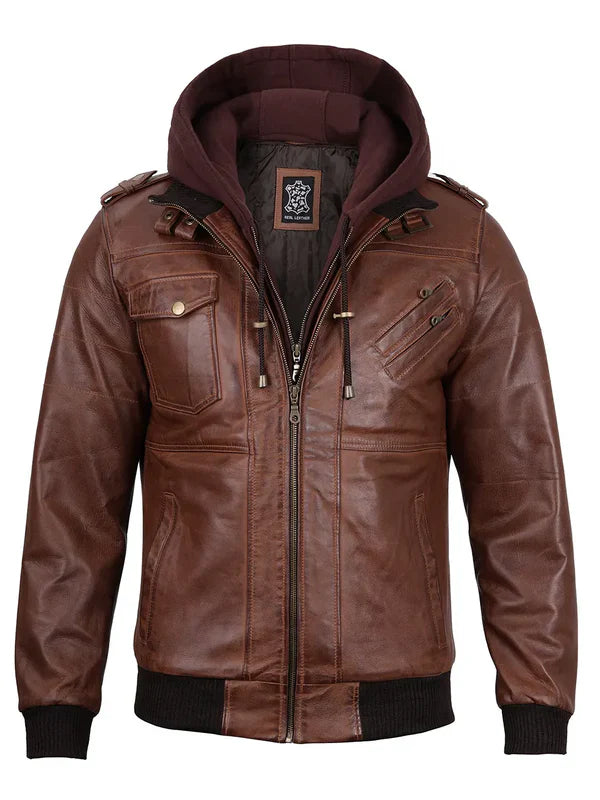 Edinburgh Mens Brown Bomber Leather Jacket With Removable Hood