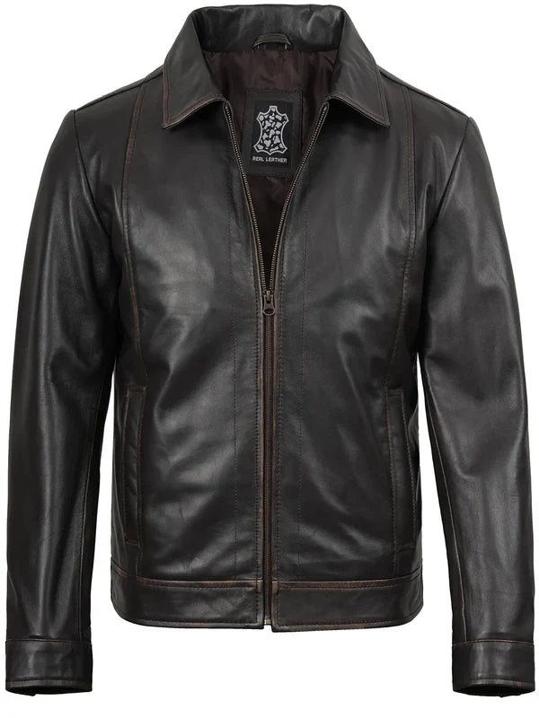 Mens Distressed Dark Brown Biker Style Leather Jacket
