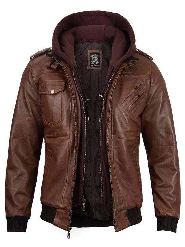 Edinburgh Mens Brown Bomber Leather Jacket With Removable Hood