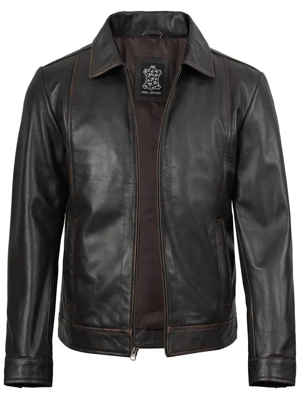 Mens Distressed Dark Brown Biker Style Leather Jacket