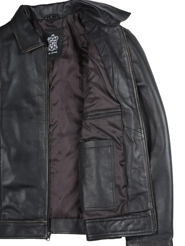 Mens Distressed Dark Brown Biker Style Leather Jacket