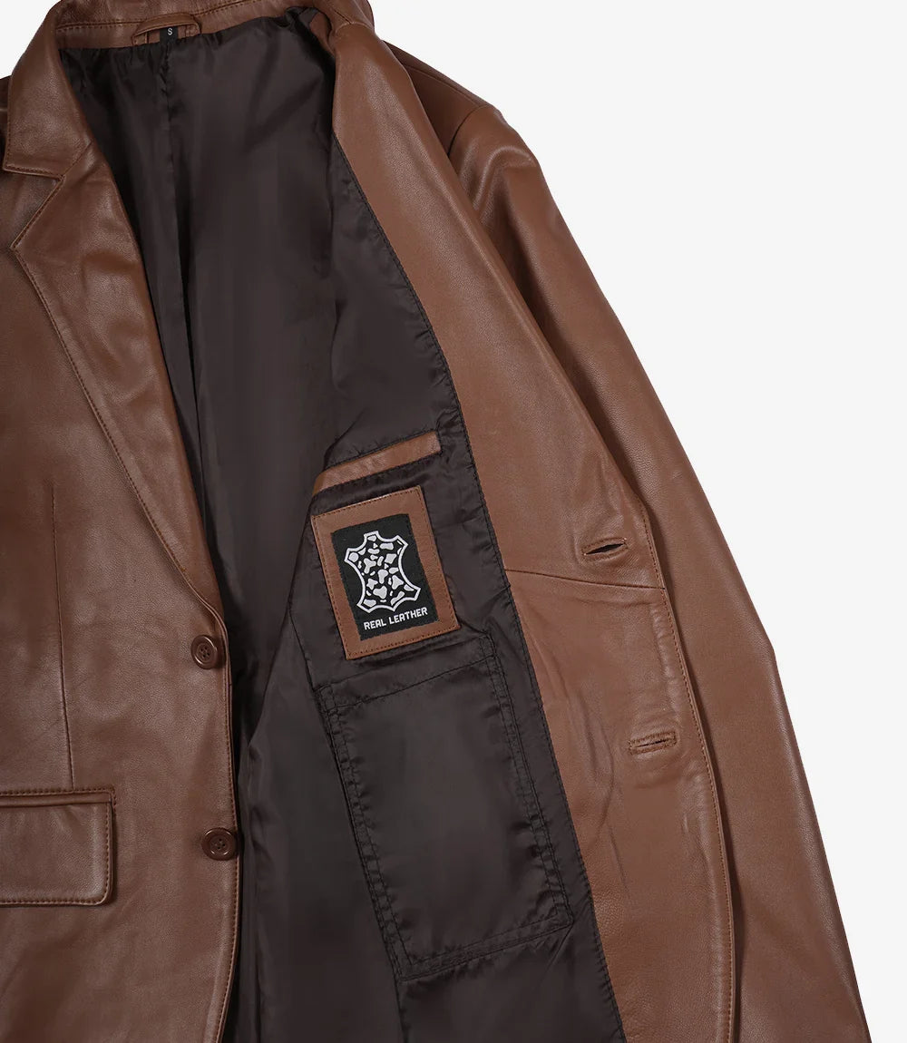 Mens Exclusive Two Button Real Leather Cognac Blazer