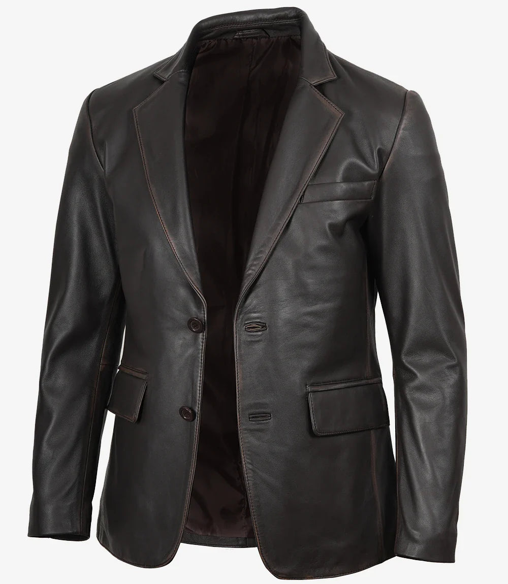 Mens Notch Lapel Distressed Brown Leather Blazer