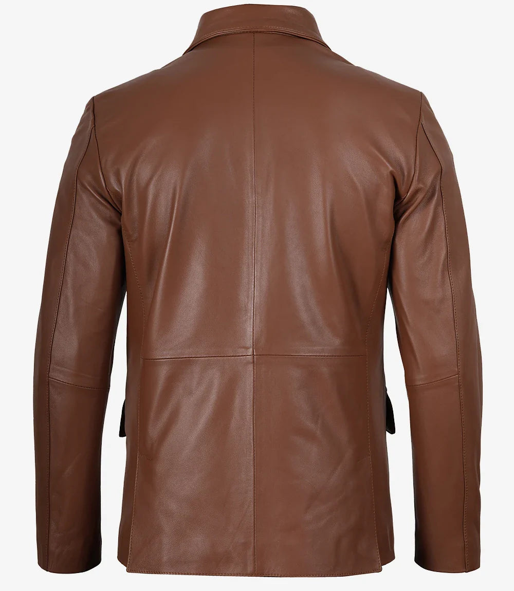 Mens Exclusive Two Button Real Leather Cognac Blazer