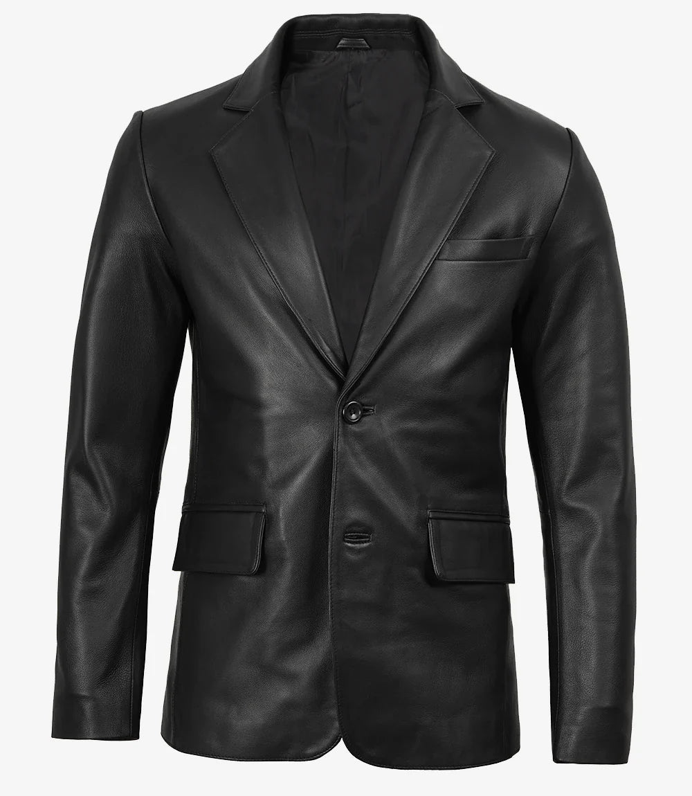 Mens Two Button Black Leather Blazer - Notch Lapel