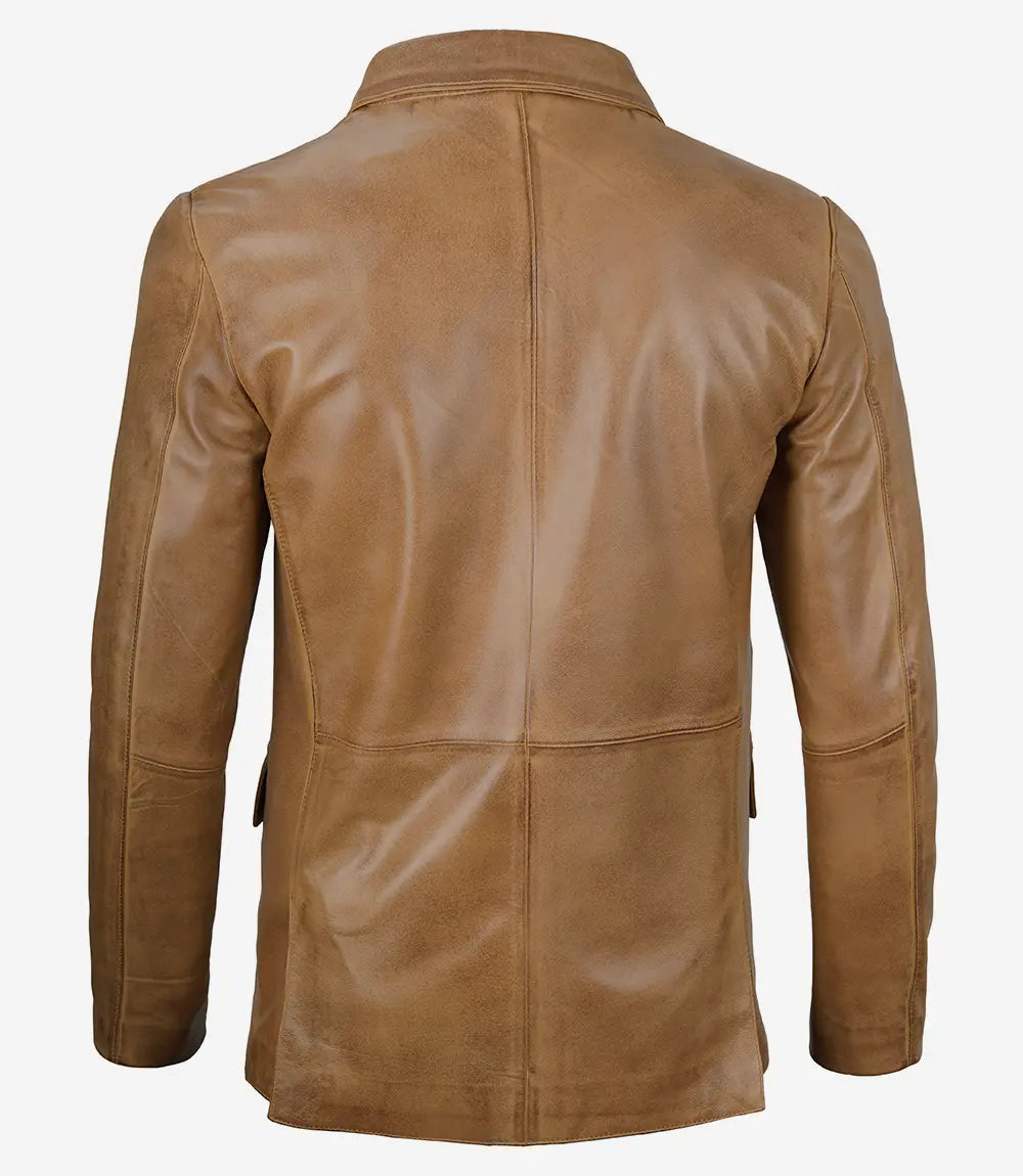 Mens Two Button Camel Brown Leather Blazer
