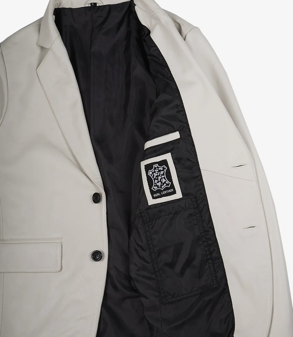 Men's Two Button Notch Lapel Off White Leather Blazer