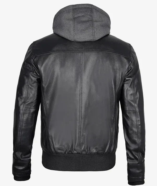 Mens Black Bomber Leather Jacket with Removable Hood