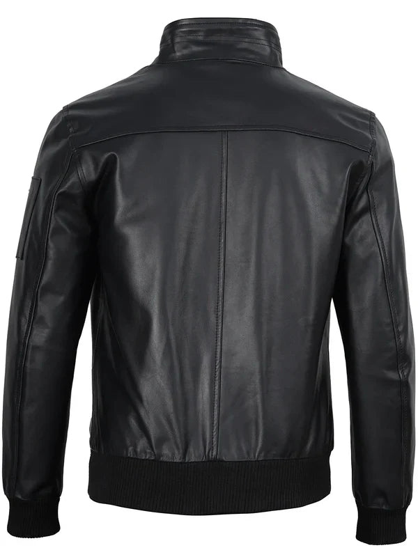 Mens Black Real Cowhide Leather Bomber Jacket