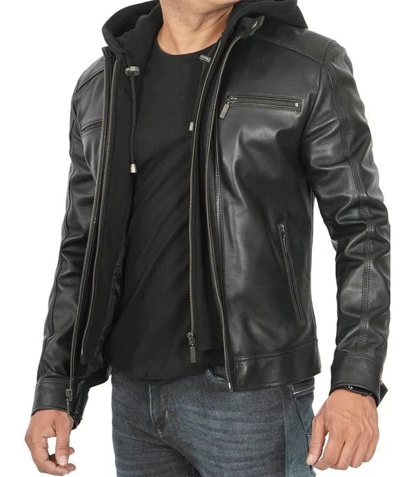 Merrill Men's Black Hooded Premium Leather Jacket