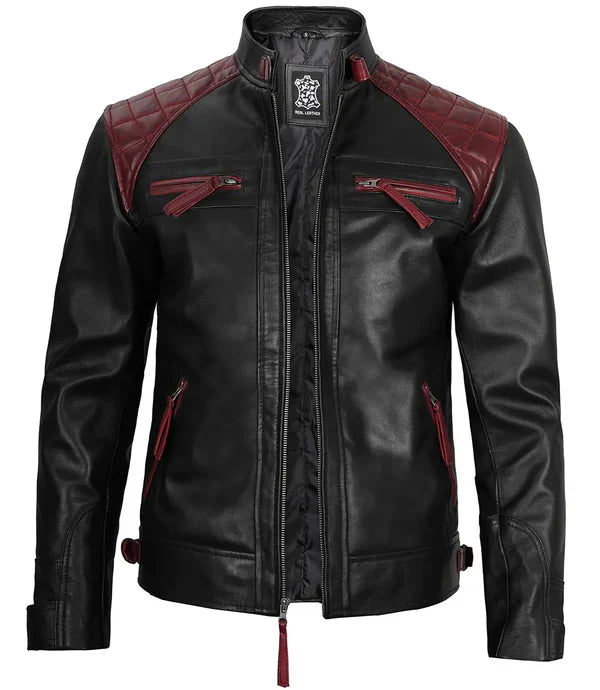 Rollins Men's Black and Burgundy Quilted Biker Style Jacket
