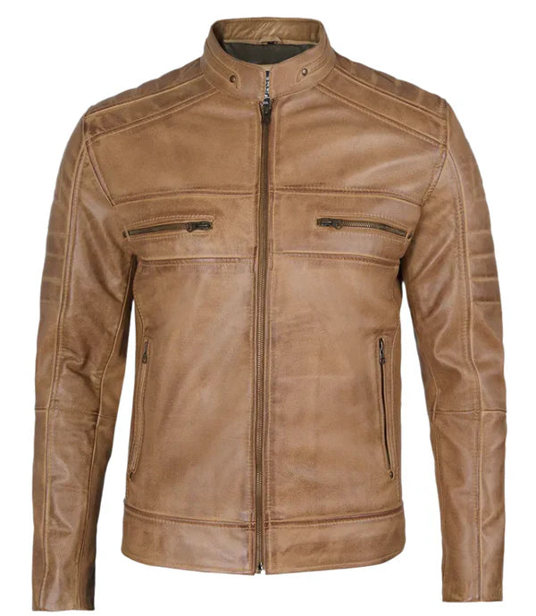 Austin Mens Distressed Tan Brown Cafe Racer Real Leather Jacket
