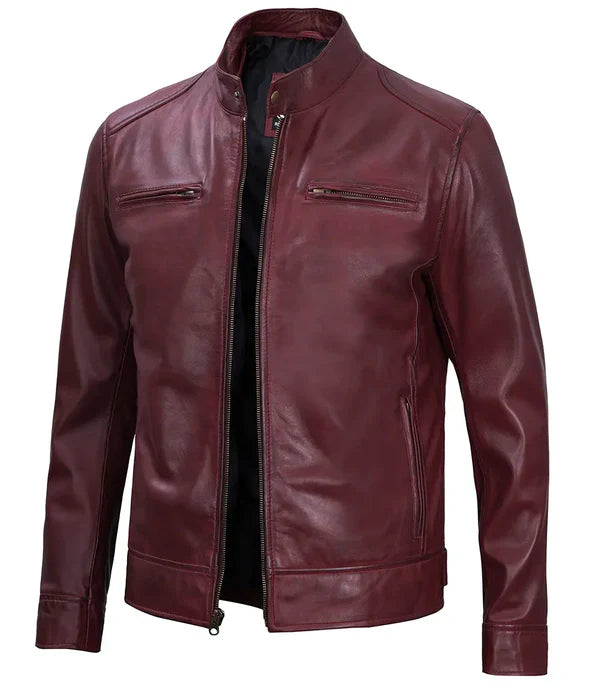 Dodge Men's Burgundy Cafe Racer Leather Jacket