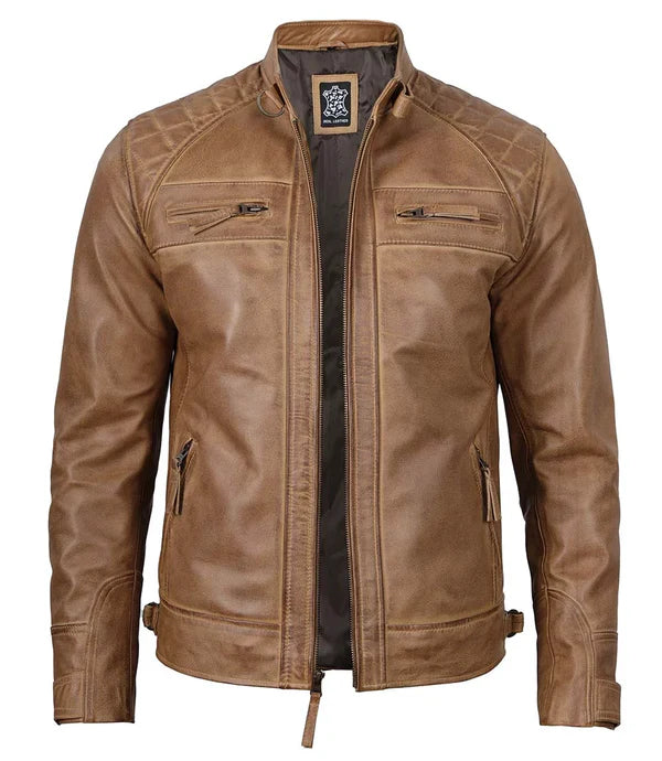 Men's Waxed Camel Brown Cafe Racer Leather Jacket