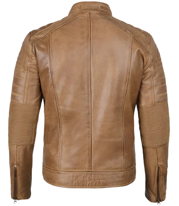 Austin Mens Distressed Tan Brown Cafe Racer Real Leather Jacket