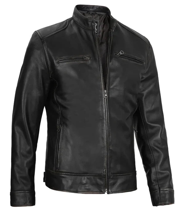 Men's Black Cafe Racer Leather Genuine Leather Jacket