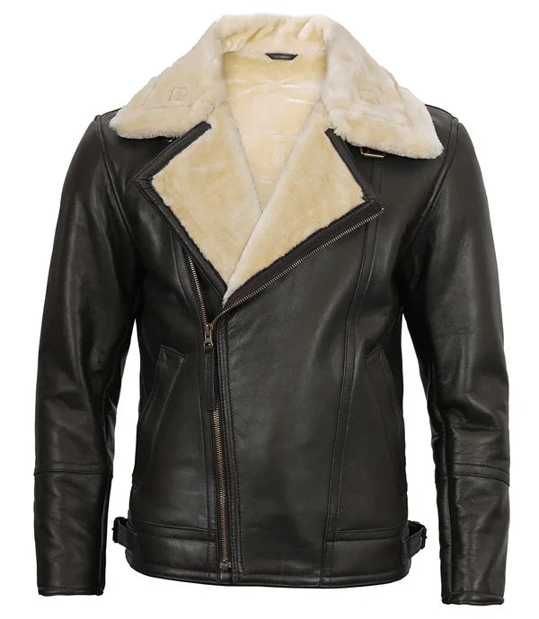 Mens Dark Brown Asymmetrical Leather Shearling Jacket