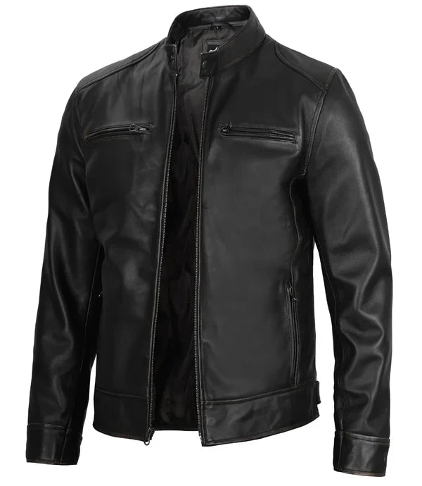Men's Black Cafe Racer Leather Genuine Leather Jacket
