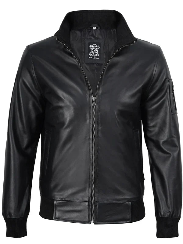 Mens Black Real Cowhide Leather Bomber Jacket