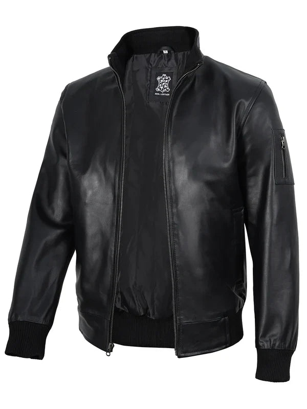 Mens Black Real Cowhide Leather Bomber Jacket