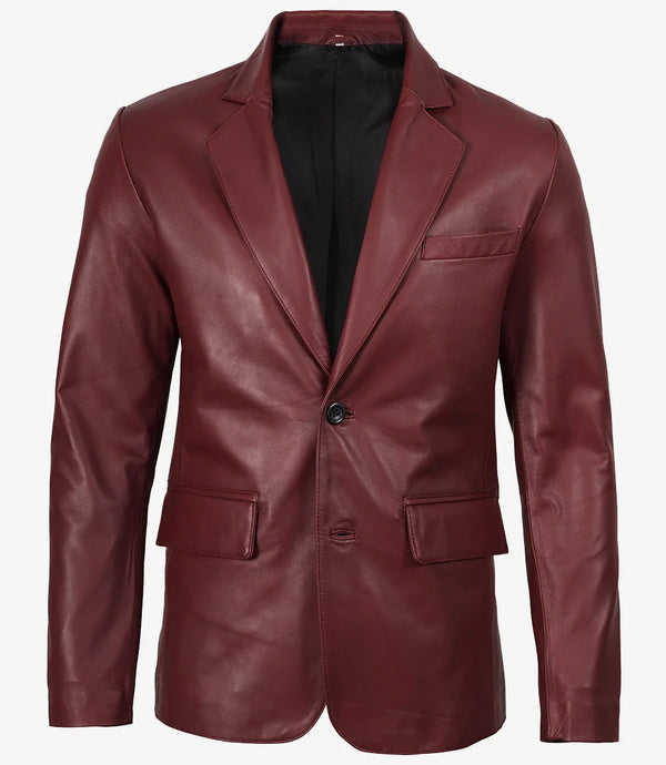 Men's Notch Lapel Maroon Leather Blazer – Two Button