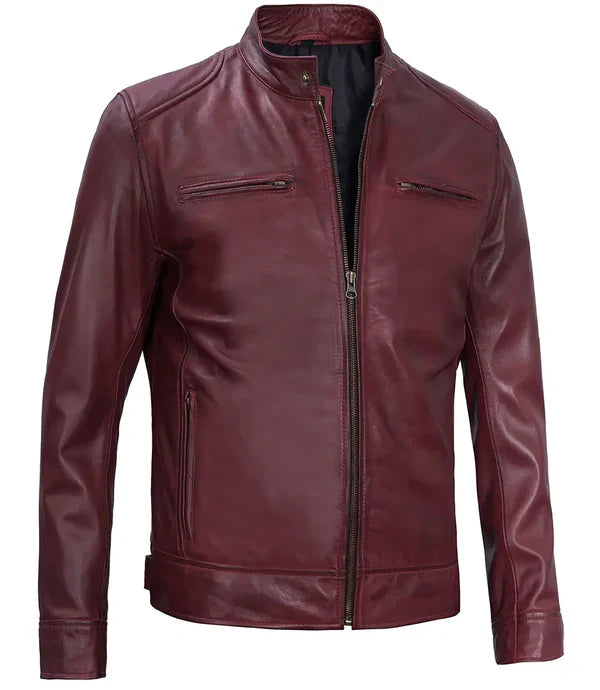 Dodge Men's Burgundy Cafe Racer Leather Jacket