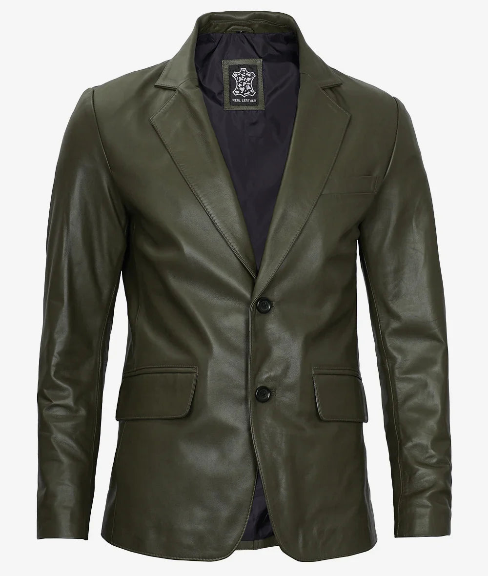 Mens Two Button Olive Green Leather Blazer Two-Button